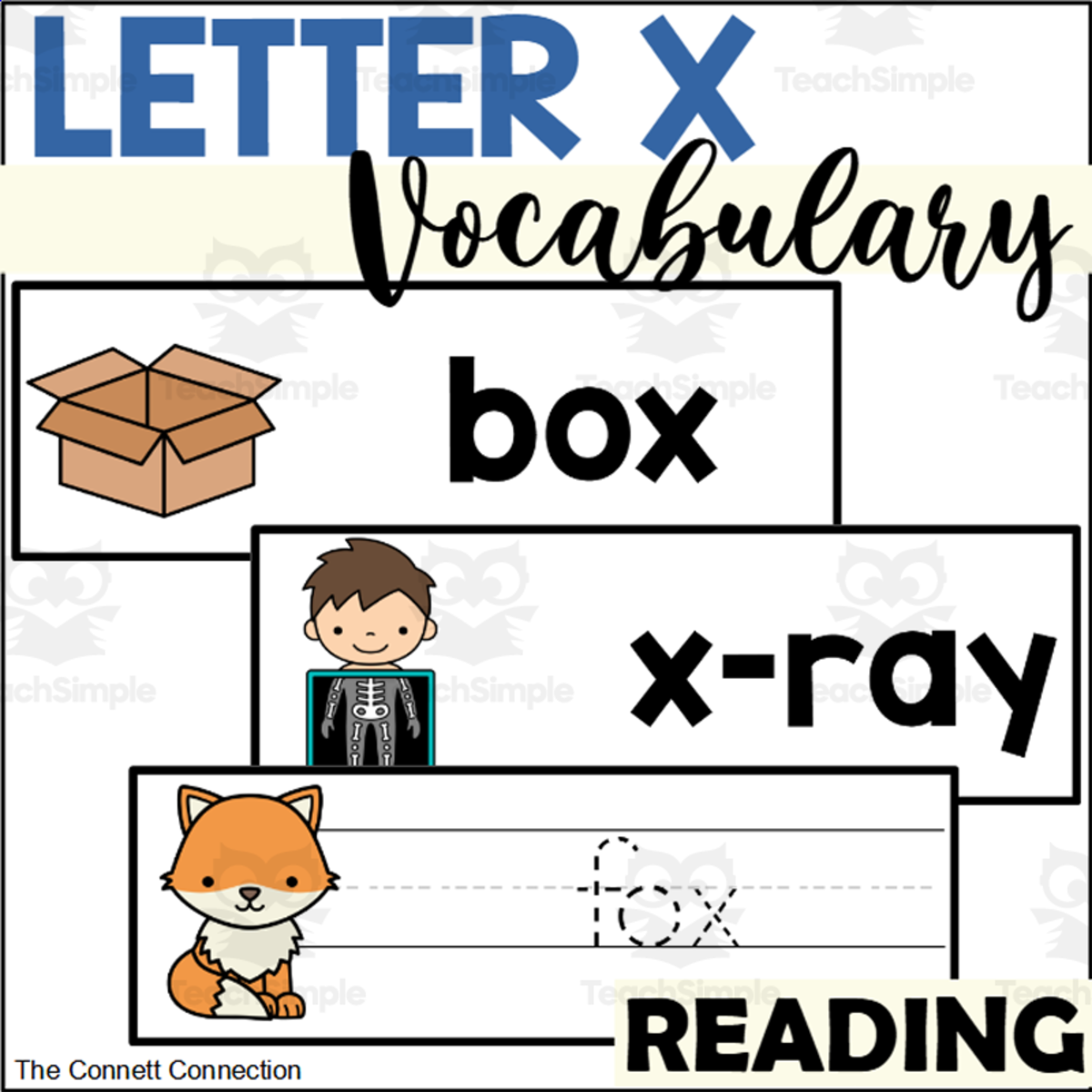An educational teaching resource from The Connett Connection entitled Letter X Vocabulary and Tracing Cards downloadable at Teach Simple.