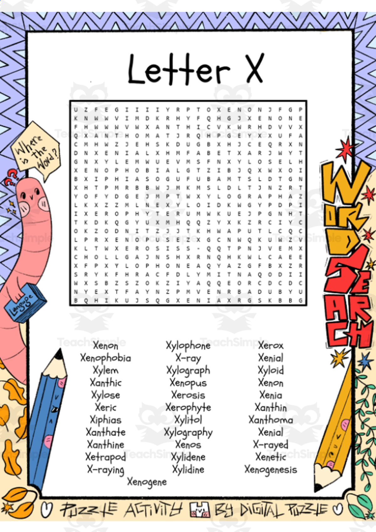 An educational teaching resource from Lapiiin Art Activities entitled Letter X word search puzzle worksheet activity downloadable at Teach Simple.