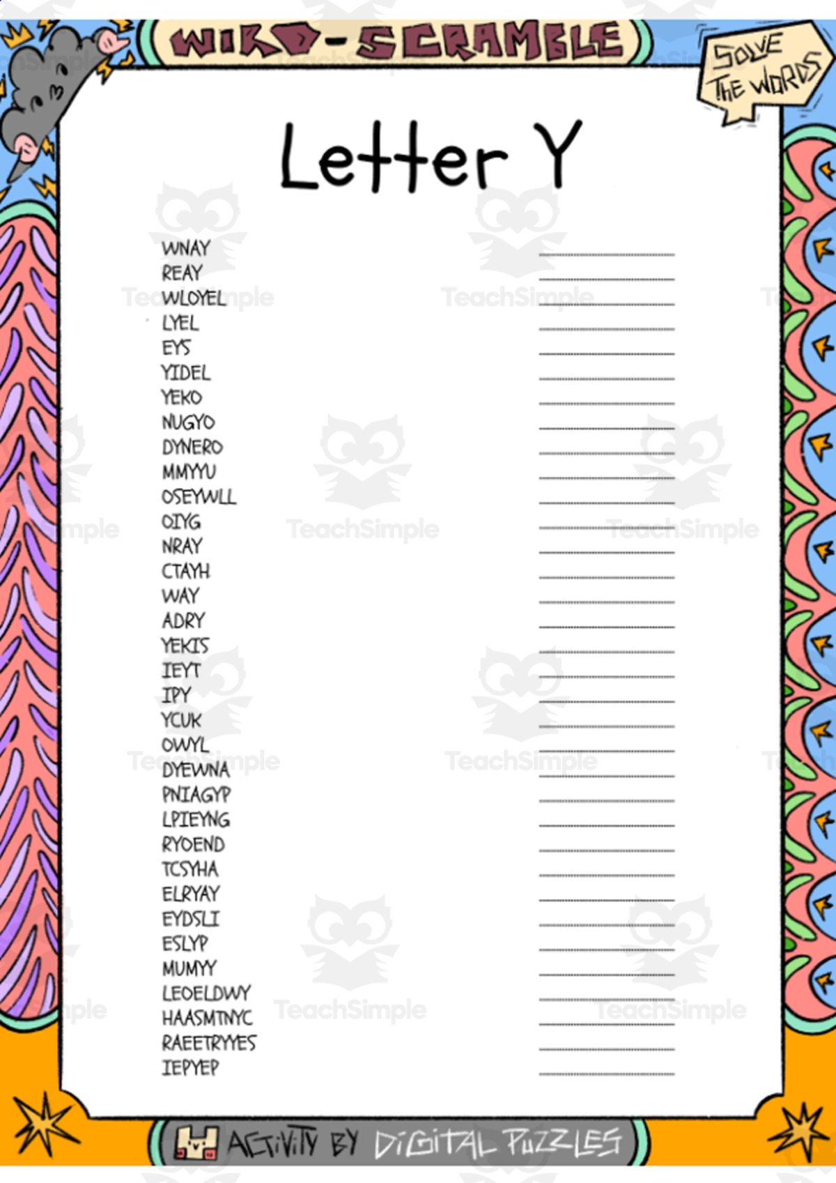 An educational teaching resource from Lapiiin Art Activities entitled Letter Y word Scramble puzzle worksheet downloadable at Teach Simple.