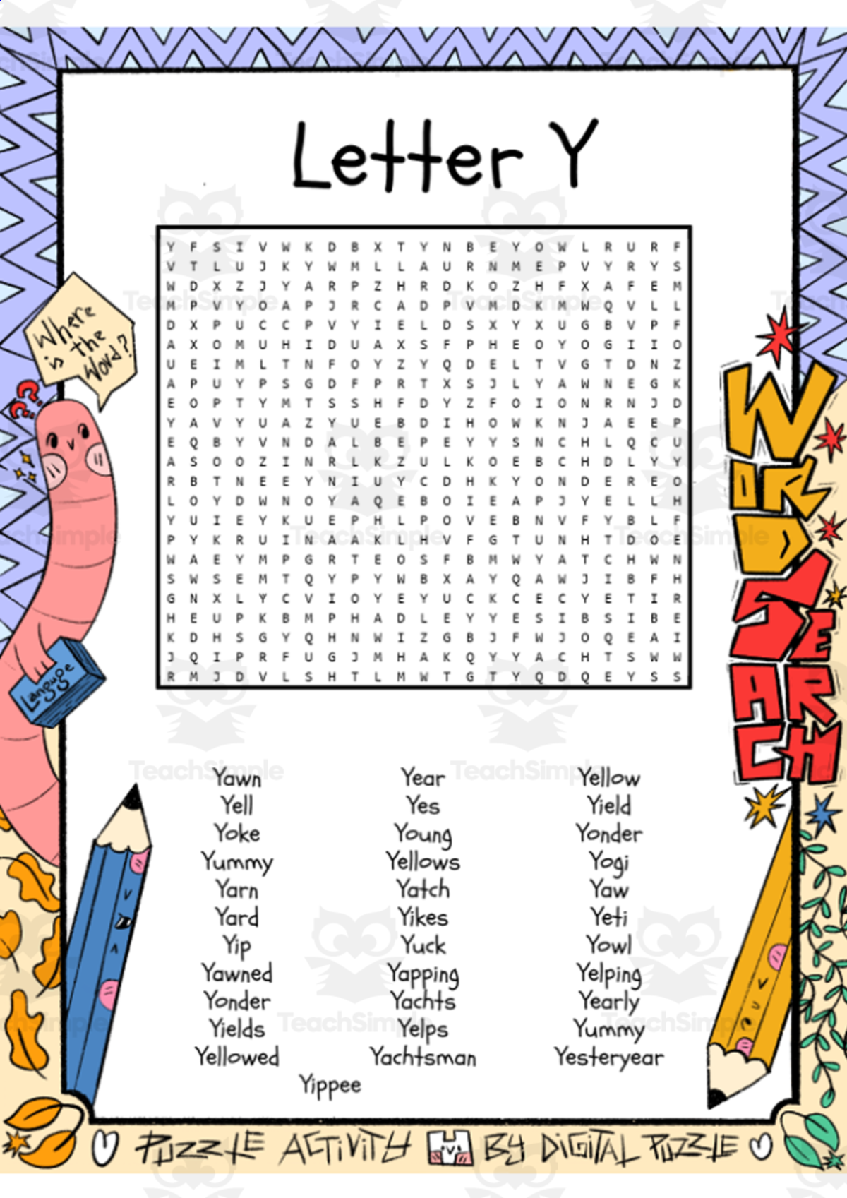 An educational teaching resource from Lapiiin Art Activities entitled Letter Y word search puzzle worksheet activity downloadable at Teach Simple.