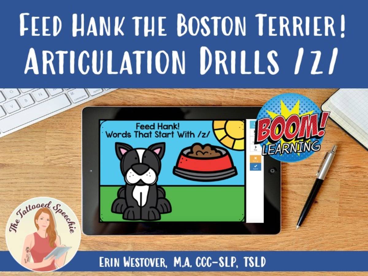 An educational teaching resource from The Tattooed Speechie entitled Letter Z Articulation Drill: Feed Hank the Boston Terrier - BOOM Cards downloadable at Teach Simple.