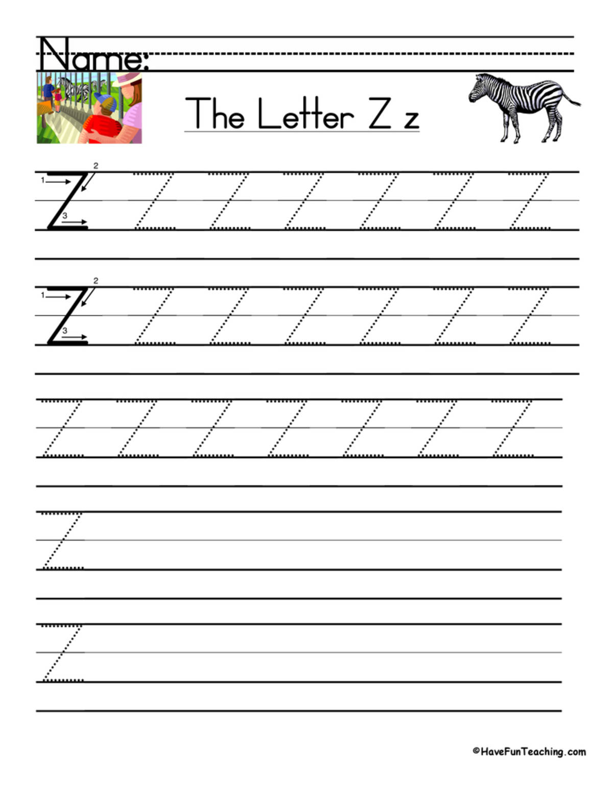 An educational teaching resource from Have Fun Teaching entitled Letter Z Handwriting Practice Worksheet downloadable at Teach Simple.