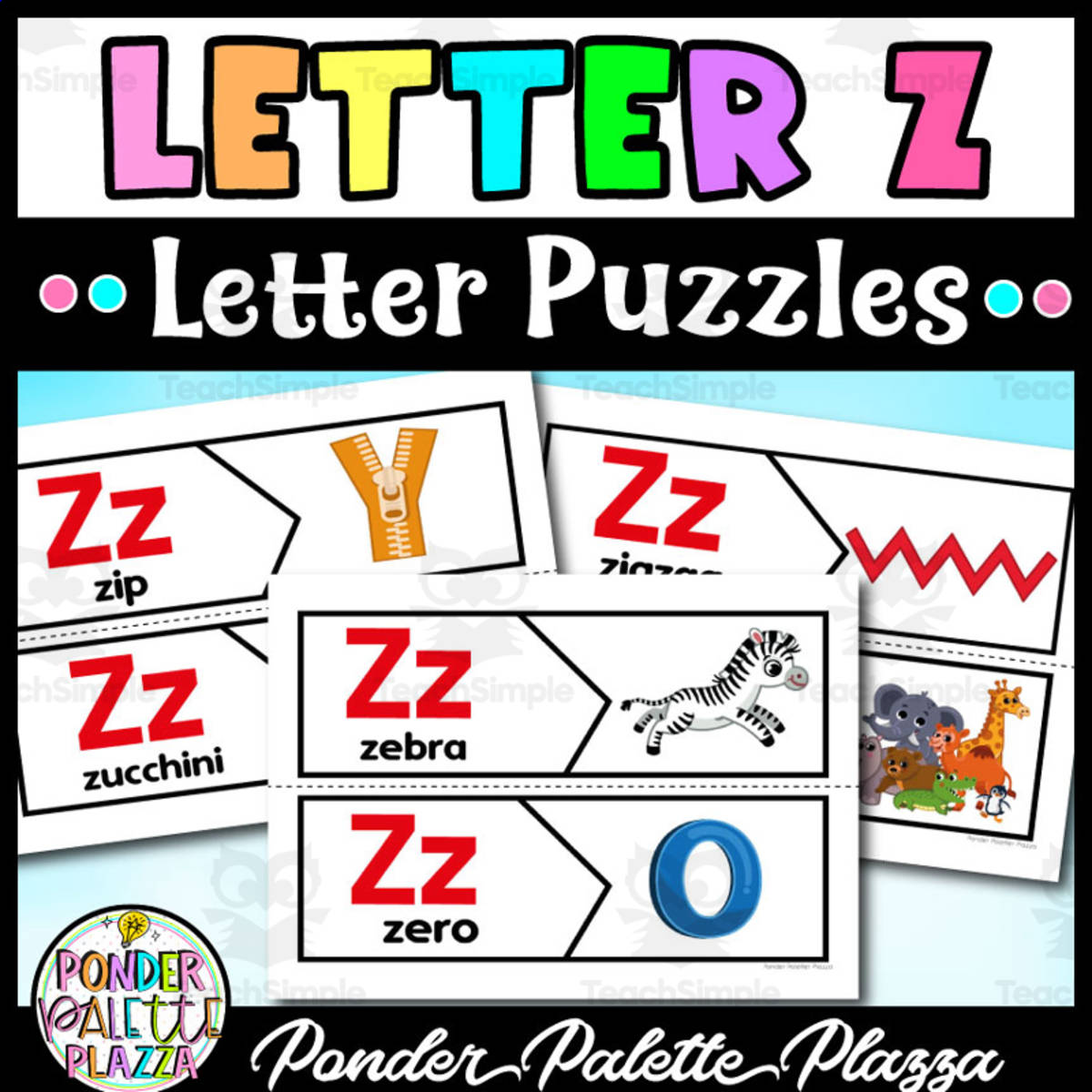 An educational teaching resource from Ponder Palette Plazza entitled Letter Z Puzzles - Letter Z Beginning Sound downloadable at Teach Simple.