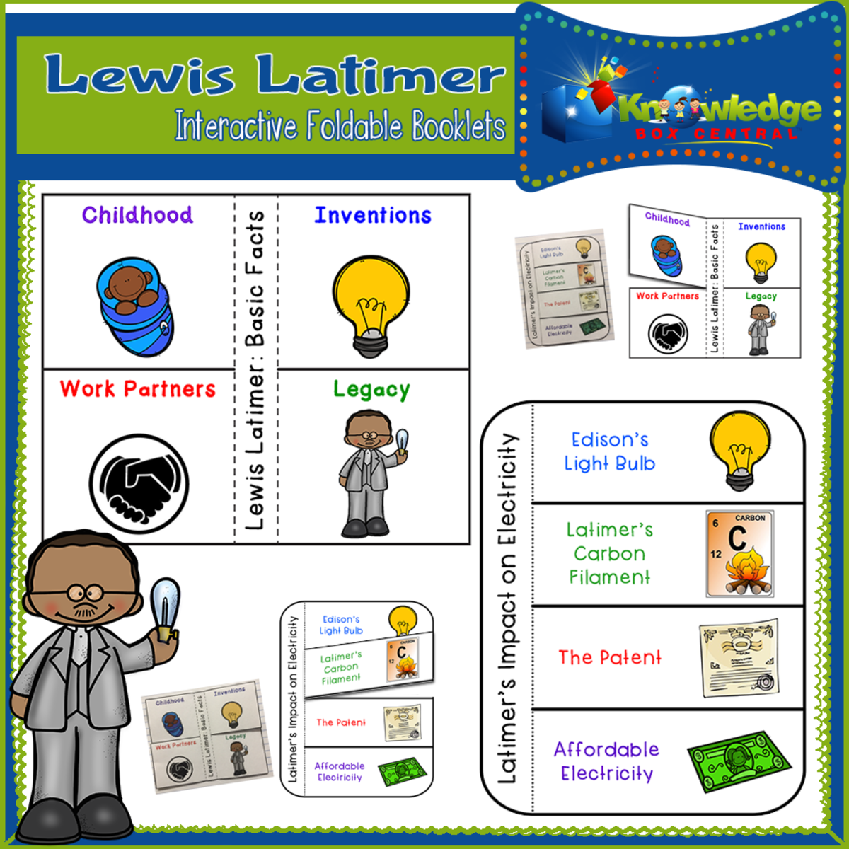 An educational teaching resource from Knowledge Box Central entitled Lewis Latimer Interactive Foldable Booklets – EBOOK downloadable at Teach Simple.