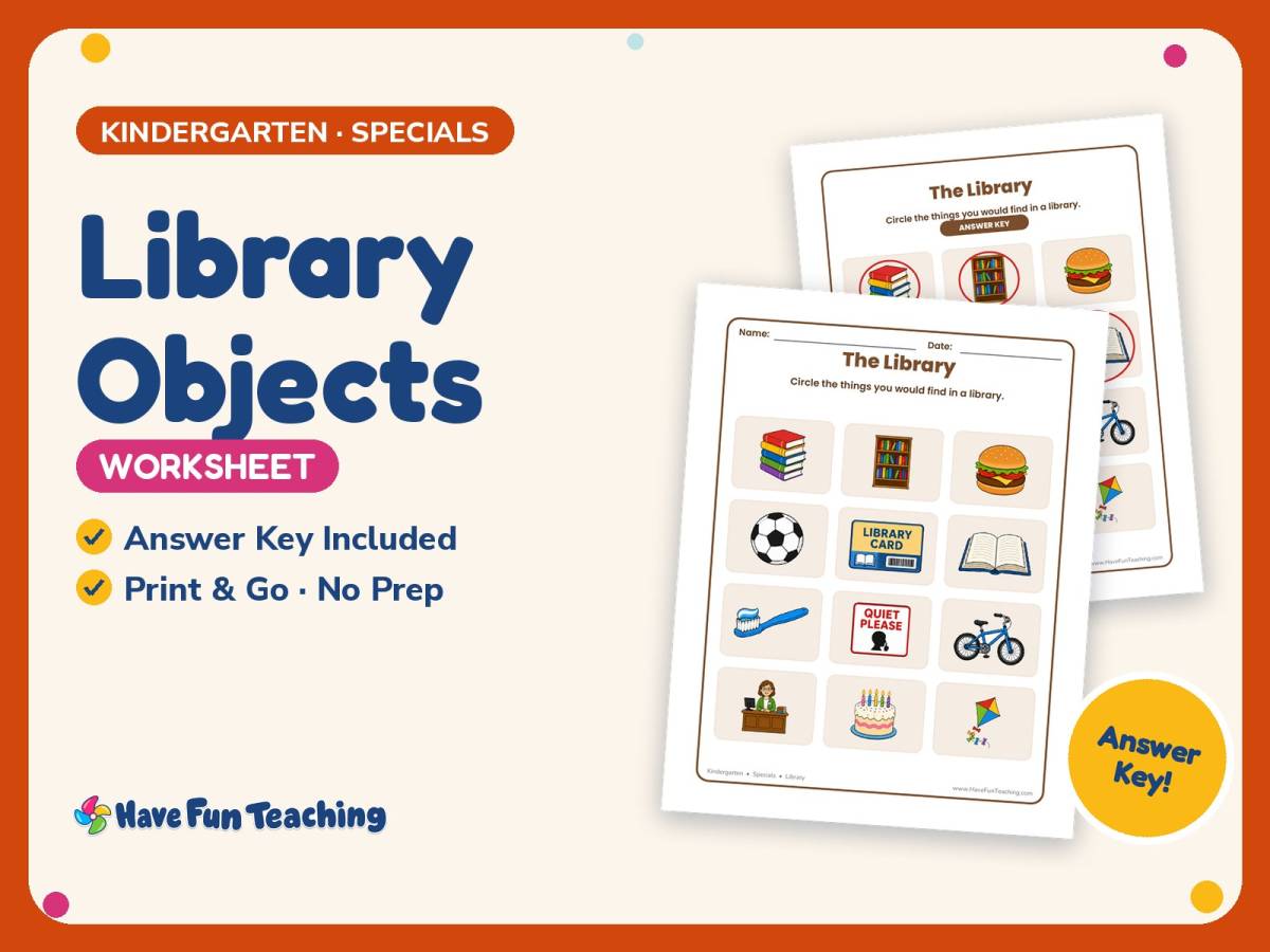Library Objects Worksheet – Kindergarten Specials Practice preview