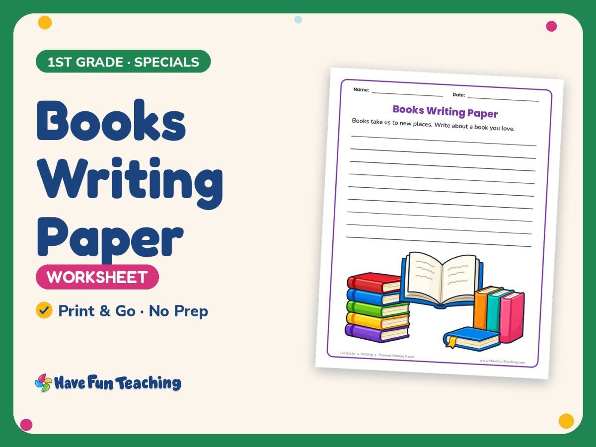 Library Worksheet: Books Writing Paper – 1st Grade Lined Paper by Teach ...