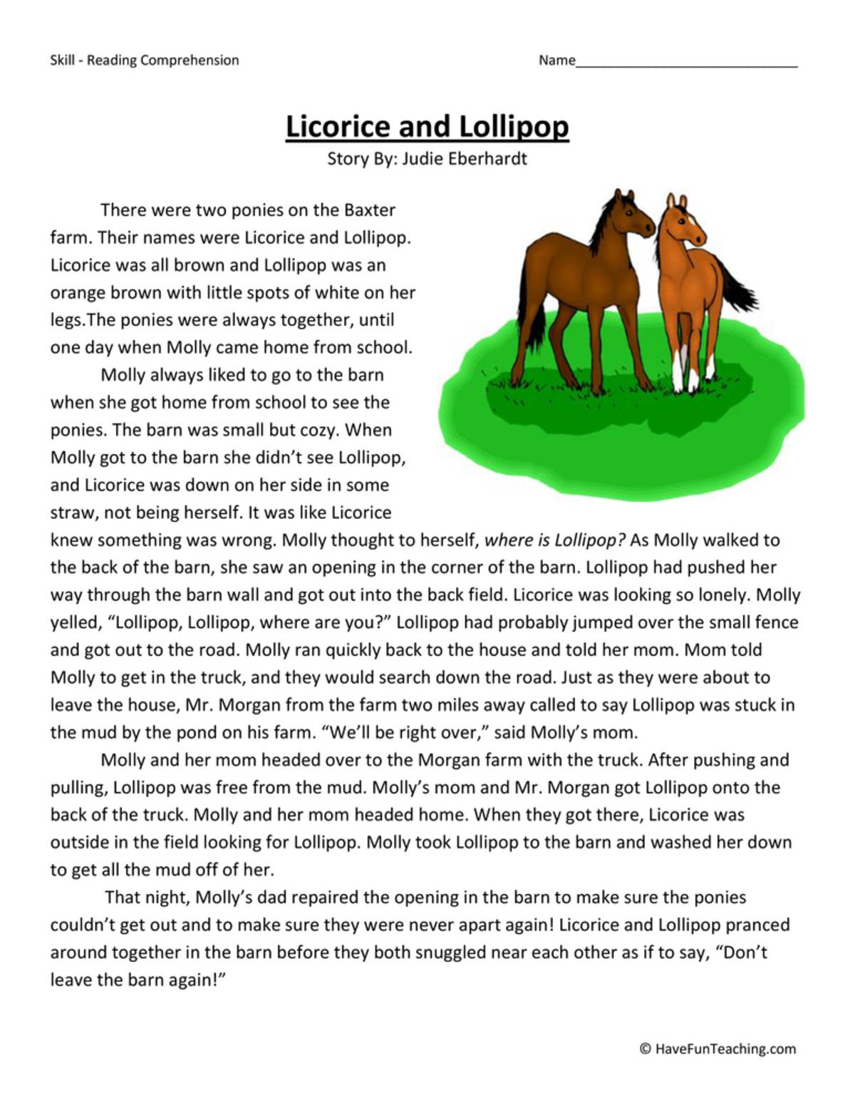 An educational teaching resource from Have Fun Teaching entitled Licorice and Lollipop Reading Comprehension Worksheet downloadable at Teach Simple.