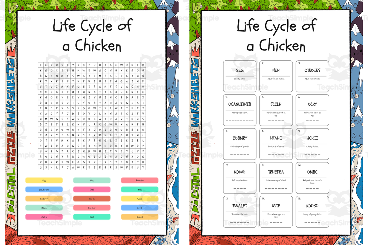 An educational teaching resource from Lapiiin Art Activities entitled Life Cycle of a Chicken  word search, scramble and crossword puzzles downloadable at Teach Simple.