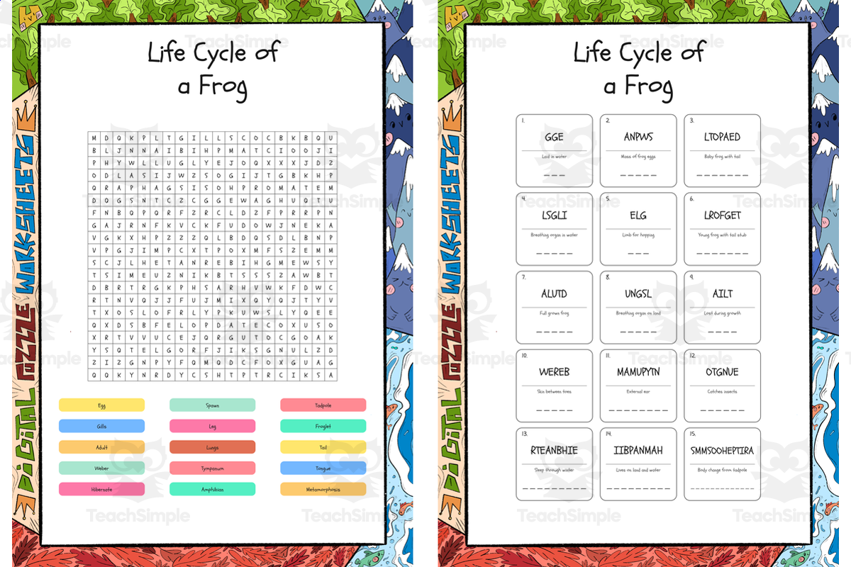 An educational teaching resource from Lapiiin Art Activities entitled Life Cycle of a Frog word search, scramble and crossword puzzles downloadable at Teach Simple.