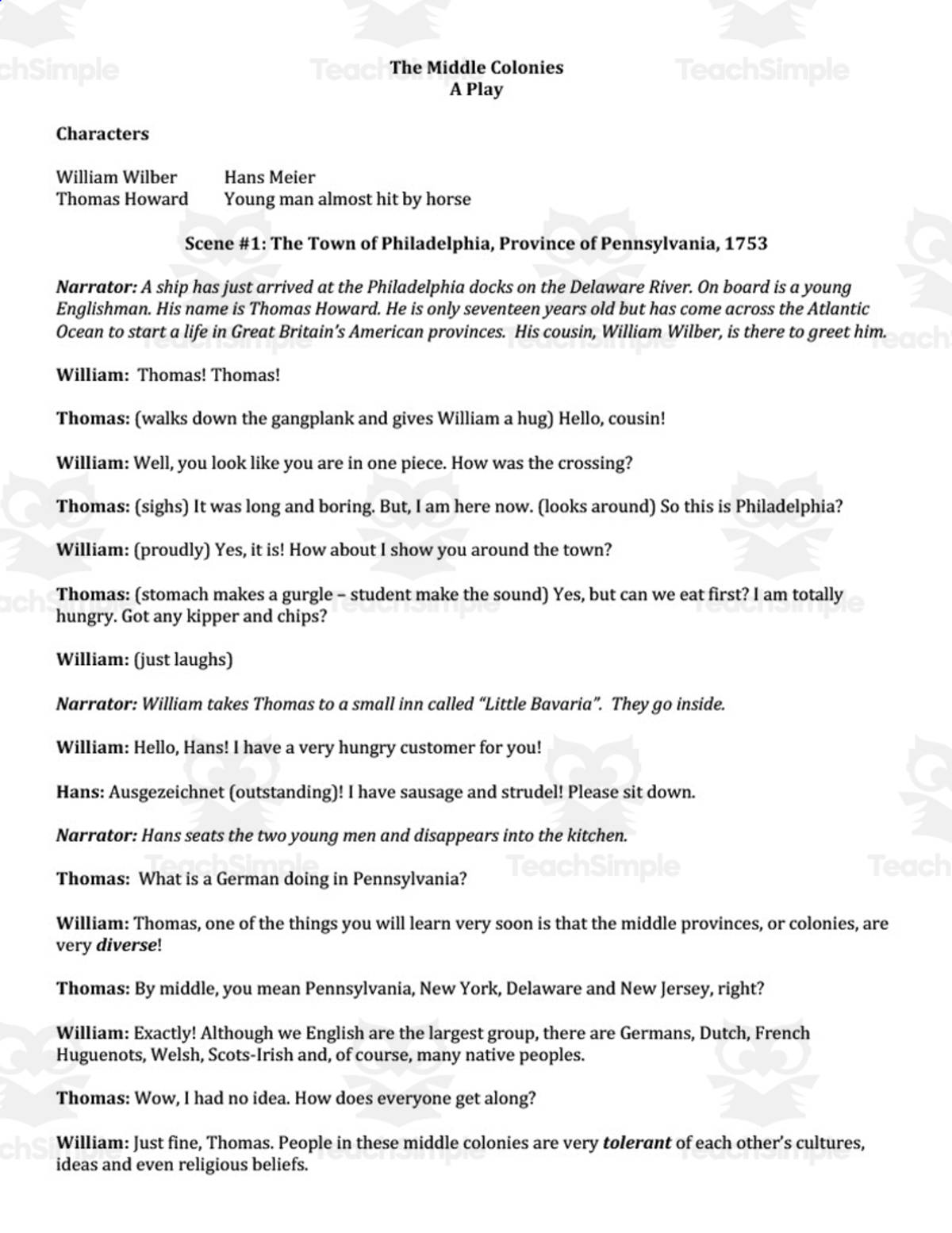 An educational teaching resource from BCM Creations entitled "Life in the Middle Colonies" - A History Play downloadable at Teach Simple.