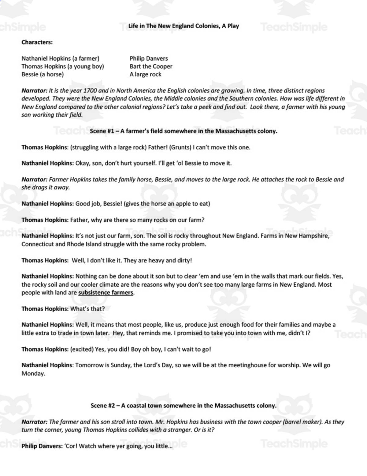 An educational teaching resource from BCM Creations entitled "Life in the New England Colonies" - A History Play downloadable at Teach Simple.
