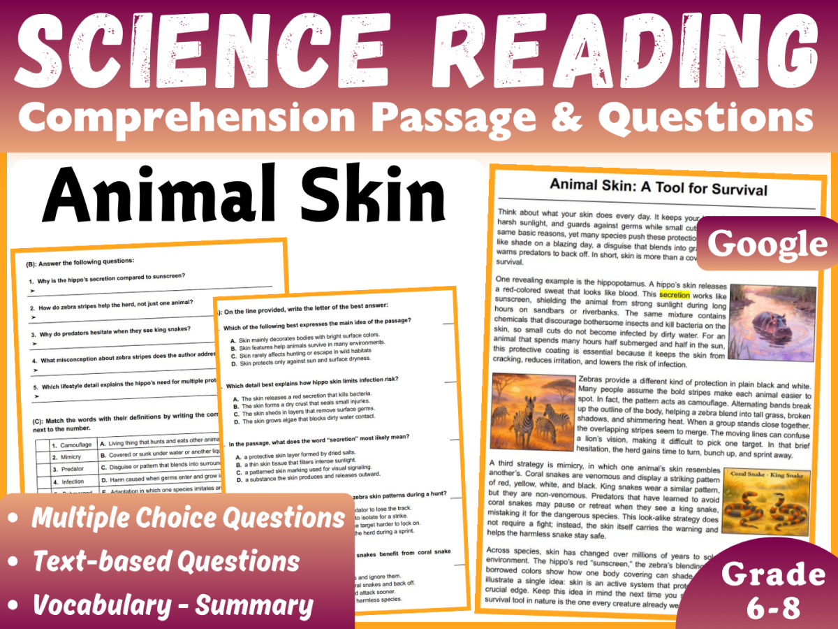 An educational teaching resource from CORED Education - Middle & High School entitled Life Science Reading Comprehension Passage: Animal Skin (Docs) downloadable at Teach Simple.