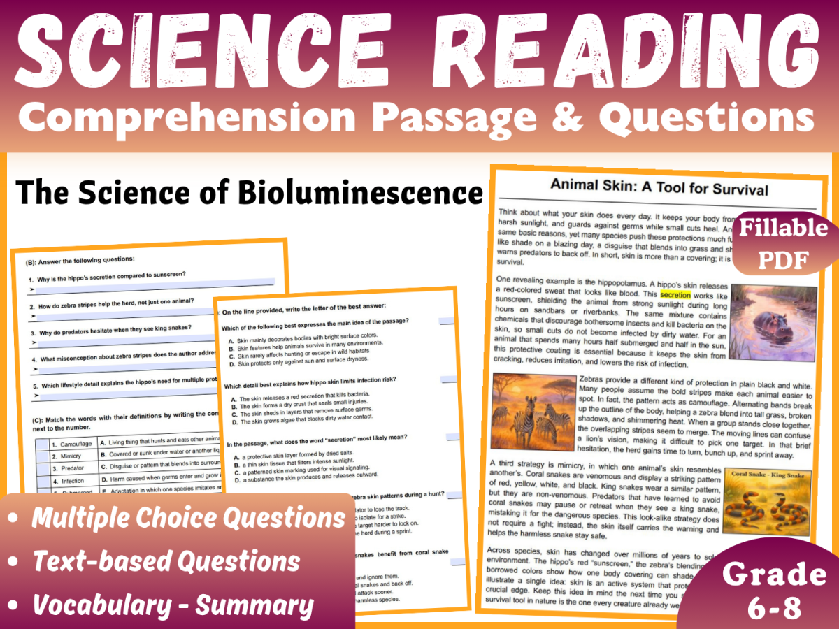 An educational teaching resource from CORED Education - Middle & High School entitled Life Science Reading Comprehension Passage: Animal Skin (Fillable PDF) downloadable at Teach Simple.