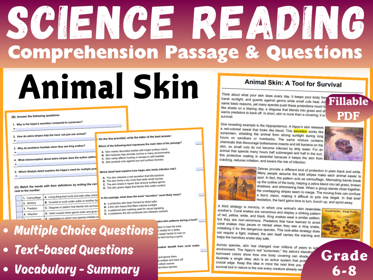 An educational teaching resource from CORED Education - Middle & High School entitled Life Science Reading Comprehension Passage: Animal Skin (Fillable PDF) downloadable at Teach Simple.