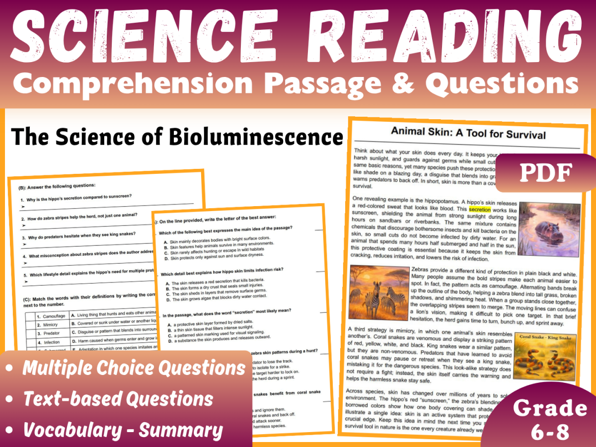 An educational teaching resource from CORED Education - Middle & High School entitled Life Science Reading Comprehension Passage: Animal Skin (PDF) downloadable at Teach Simple.