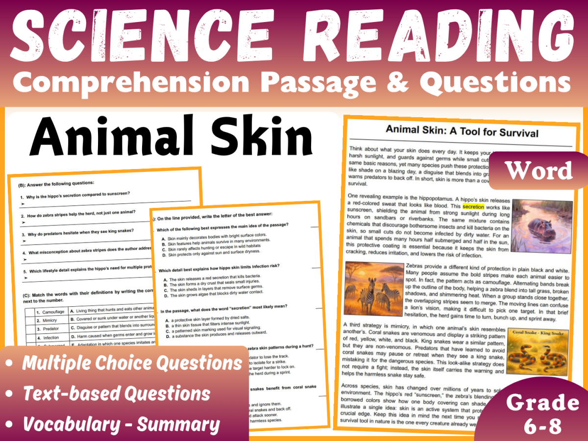 An educational teaching resource from CORED Education - Middle & High School entitled Life Science Reading Comprehension Passage: Animal Skin (Word) downloadable at Teach Simple.
