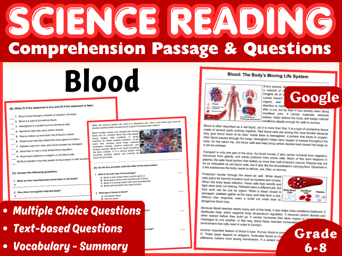 An educational teaching resource from CORED Education - Middle & High School entitled Life Science Reading Comprehension Passage: Blood (Docs) downloadable at Teach Simple.