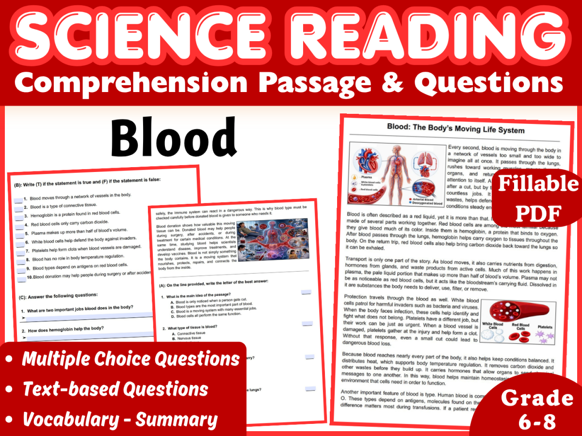 An educational teaching resource from CORED Education - Middle & High School entitled Life Science Reading Comprehension Passage: Blood (Fillable PDF) downloadable at Teach Simple.