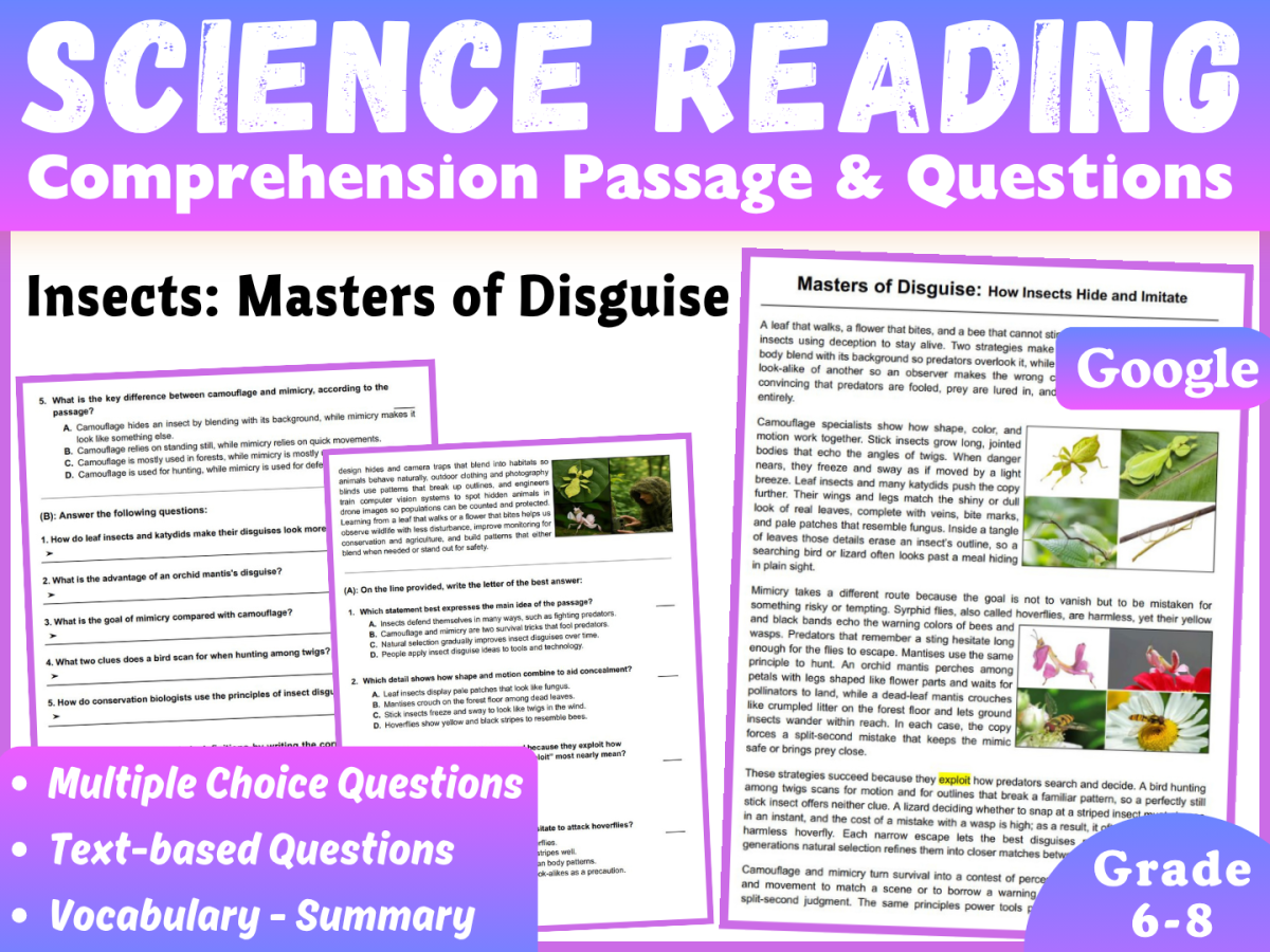 An educational teaching resource from CORED Education - Middle & High School entitled Life Science Reading Comprehension Passage: Insects' Disguises (Docs) downloadable at Teach Simple.