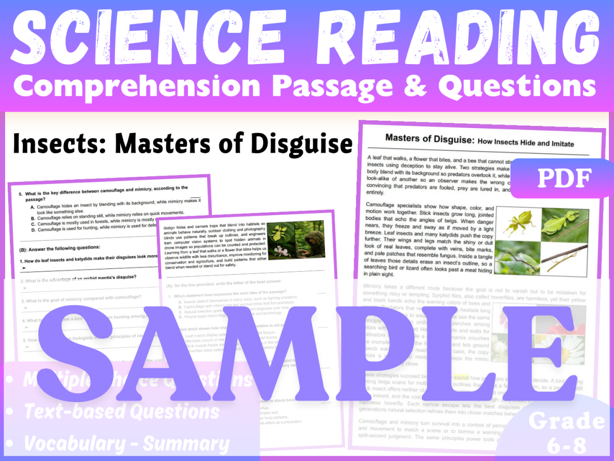 An educational teaching resource from CORED Education - Middle & High School entitled Life Science Reading Comprehension Passage: Insects' Disguises. SAMPLE downloadable at Teach Simple.