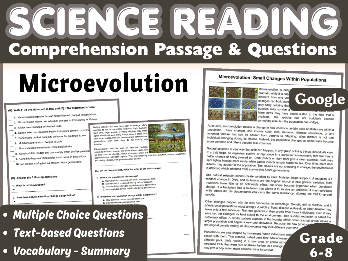 An educational teaching resource from CORED Education - Middle & High School entitled Life Science Reading Comprehension Passage: Microevolution (Docs) downloadable at Teach Simple.