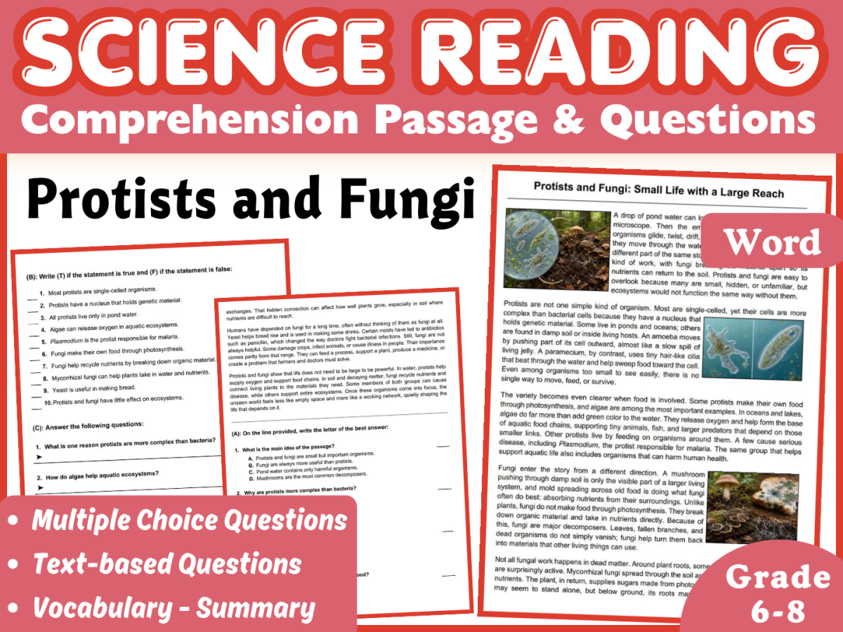 An educational teaching resource from CORED Education - Middle & High School entitled Life Science Reading Comprehension Passage: Protists and Fungi (Word) downloadable at Teach Simple.