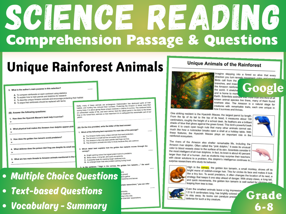 An educational teaching resource from CORED Education - Middle & High School entitled Life Science Reading Comprehension Passage: Rainforest Animals (Docs) downloadable at Teach Simple.