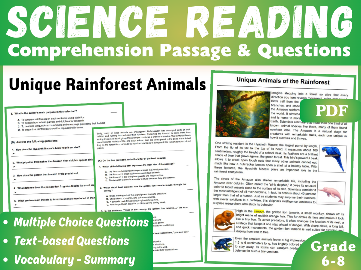 An educational teaching resource from CORED Education - Middle & High School entitled Life Science Reading Comprehension Passage: Rainforest Animals (PDF) downloadable at Teach Simple.