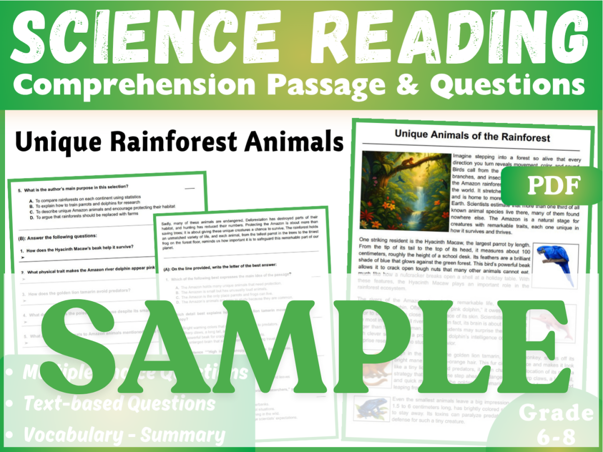 An educational teaching resource from CORED Education - Middle & High School entitled Life Science Reading Comprehension Passage: Rainforest Animals. SAMPLE downloadable at Teach Simple.