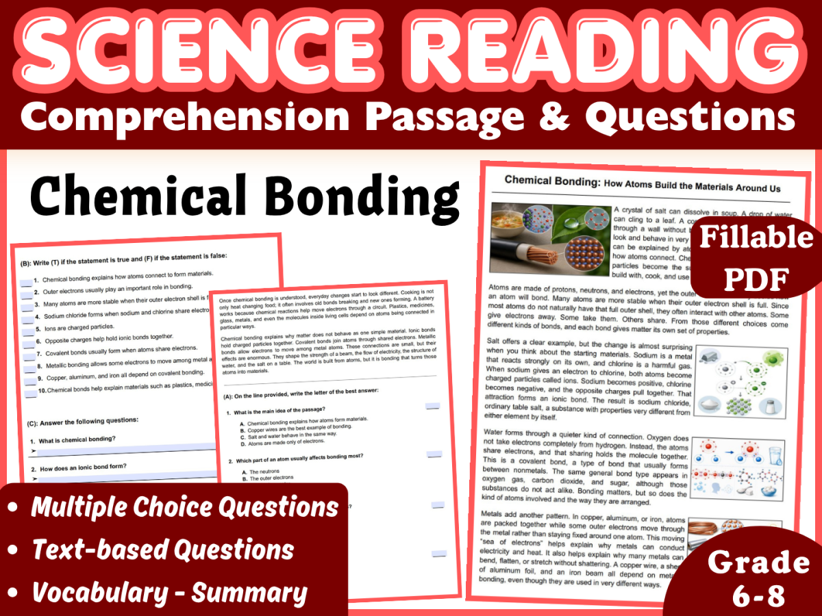 An educational teaching resource from CORED Education - Middle & High School entitled Science Reading Passage: Chemical Bonding (Fillable PDF) downloadable at Teach Simple.