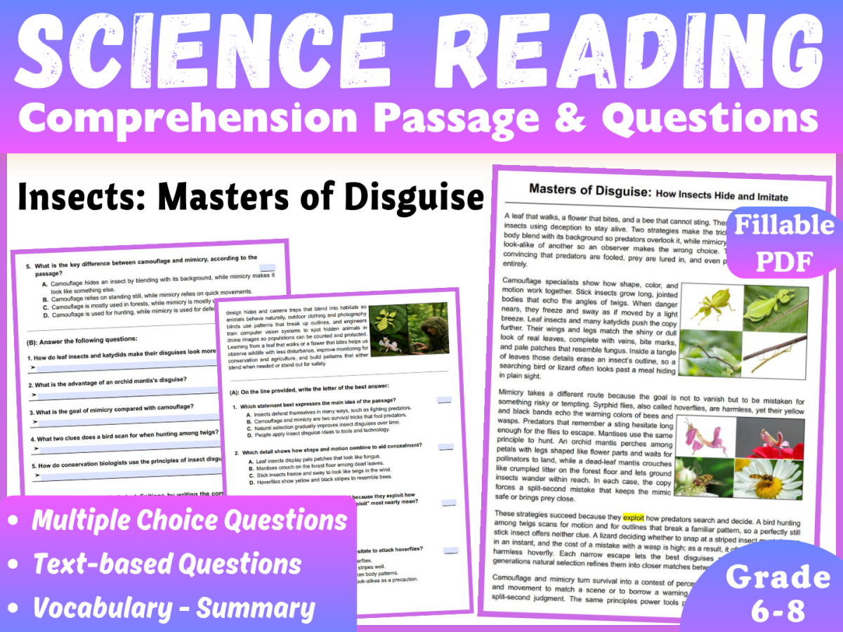 An educational teaching resource from CORED Education - Middle & High School entitled Life Science Reading Passage: Insects' Disguises (Fillable PDF) downloadable at Teach Simple.