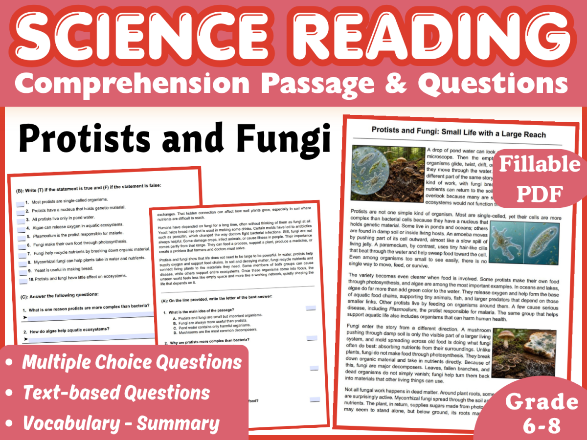 An educational teaching resource from CORED Education - Middle & High School entitled Life Science Reading Passage: Protists and Fungi (Fillable PDF) downloadable at Teach Simple.