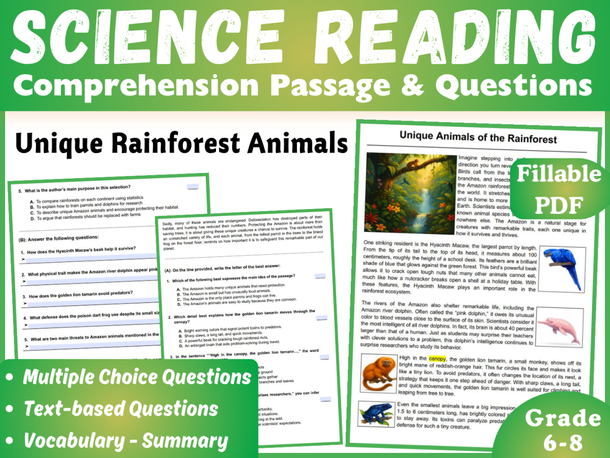 An educational teaching resource from CORED Education - Middle & High School entitled Life Science Reading Passage: Rainforest Animals (Fillable PDF) downloadable at Teach Simple.