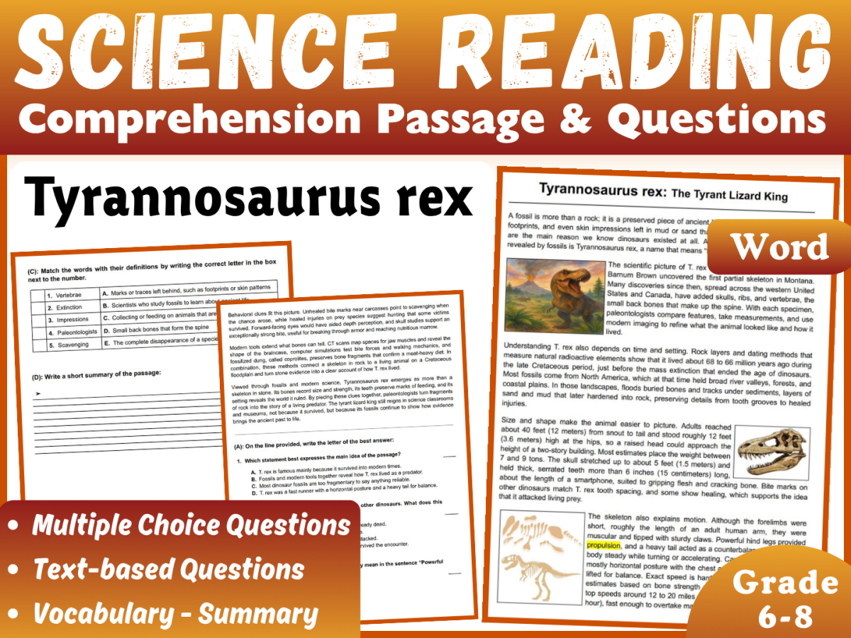 An educational teaching resource from CORED Education - Middle & High School entitled Life Science Reading Passage: The Dinosaur Tyrannosaurus rex (Word) downloadable at Teach Simple.