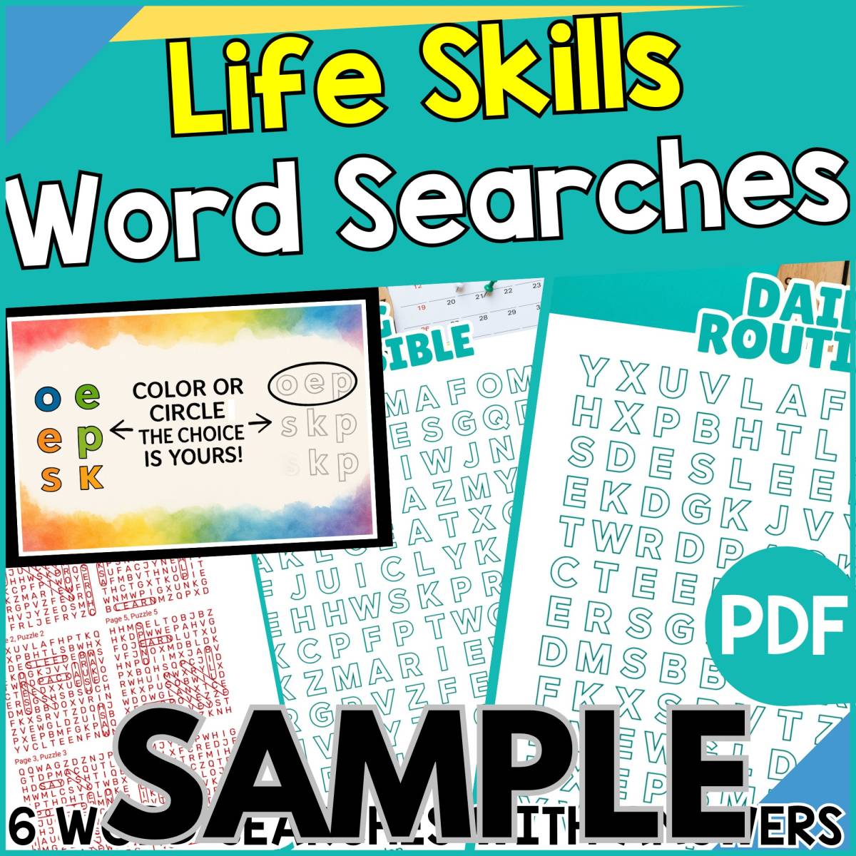 An educational teaching resource from Cored Education entitled Life Skills Word Searches: 1 Page Sample (PDF) downloadable at Teach Simple.