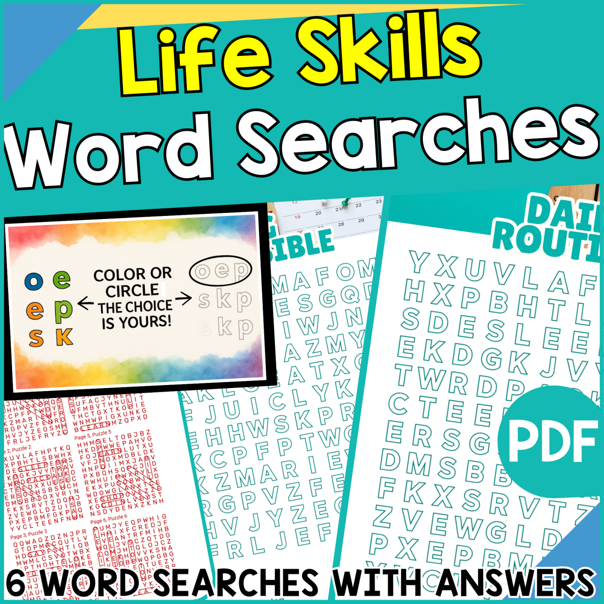 An educational teaching resource from Cored Education entitled Life Skills Word Searches (PDF) downloadable at Teach Simple.
