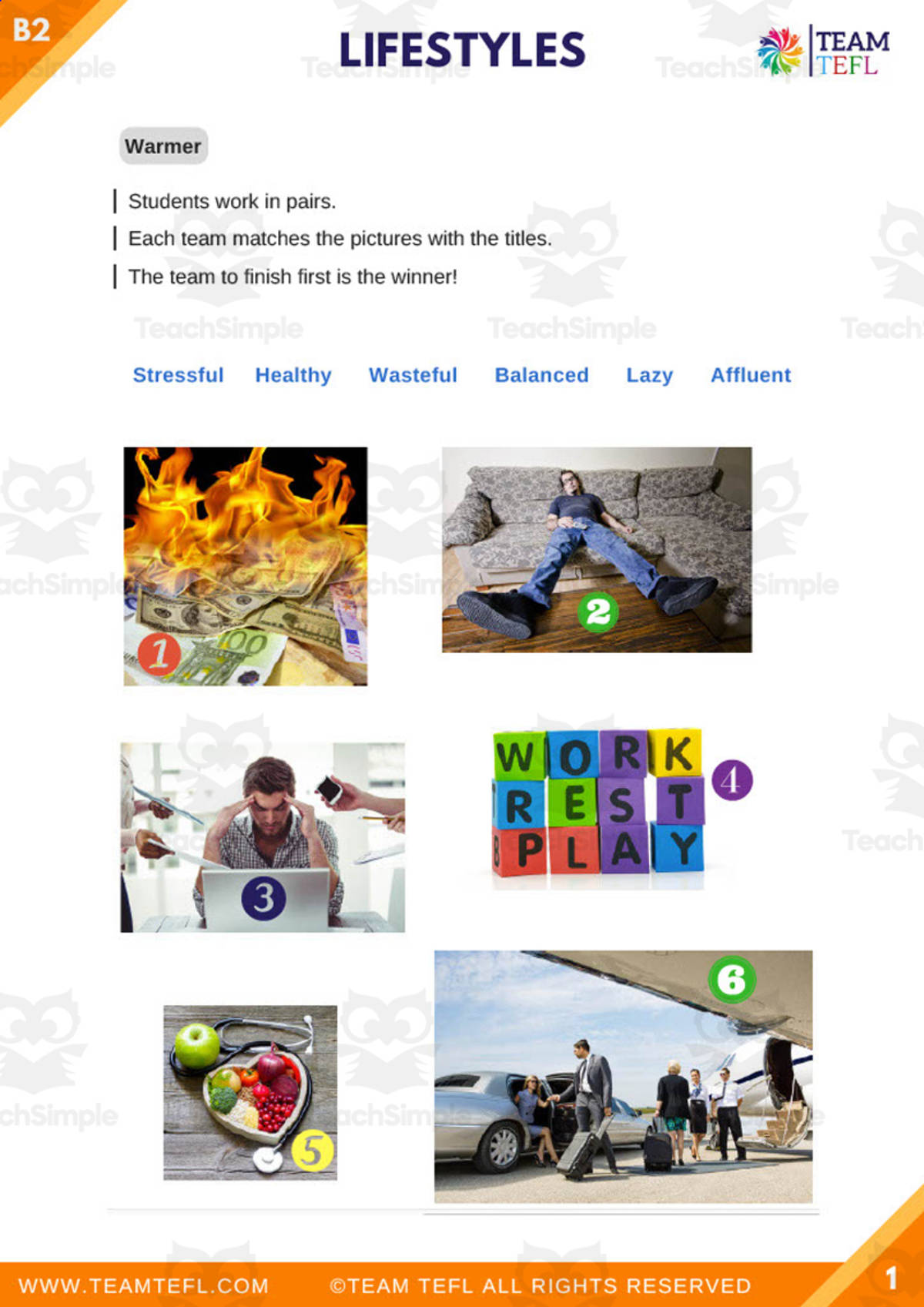 An educational teaching resource from TEAM TEFL entitled Lifestyles ESL TEFL Upper Intermediate Lesson Plan downloadable at Teach Simple.