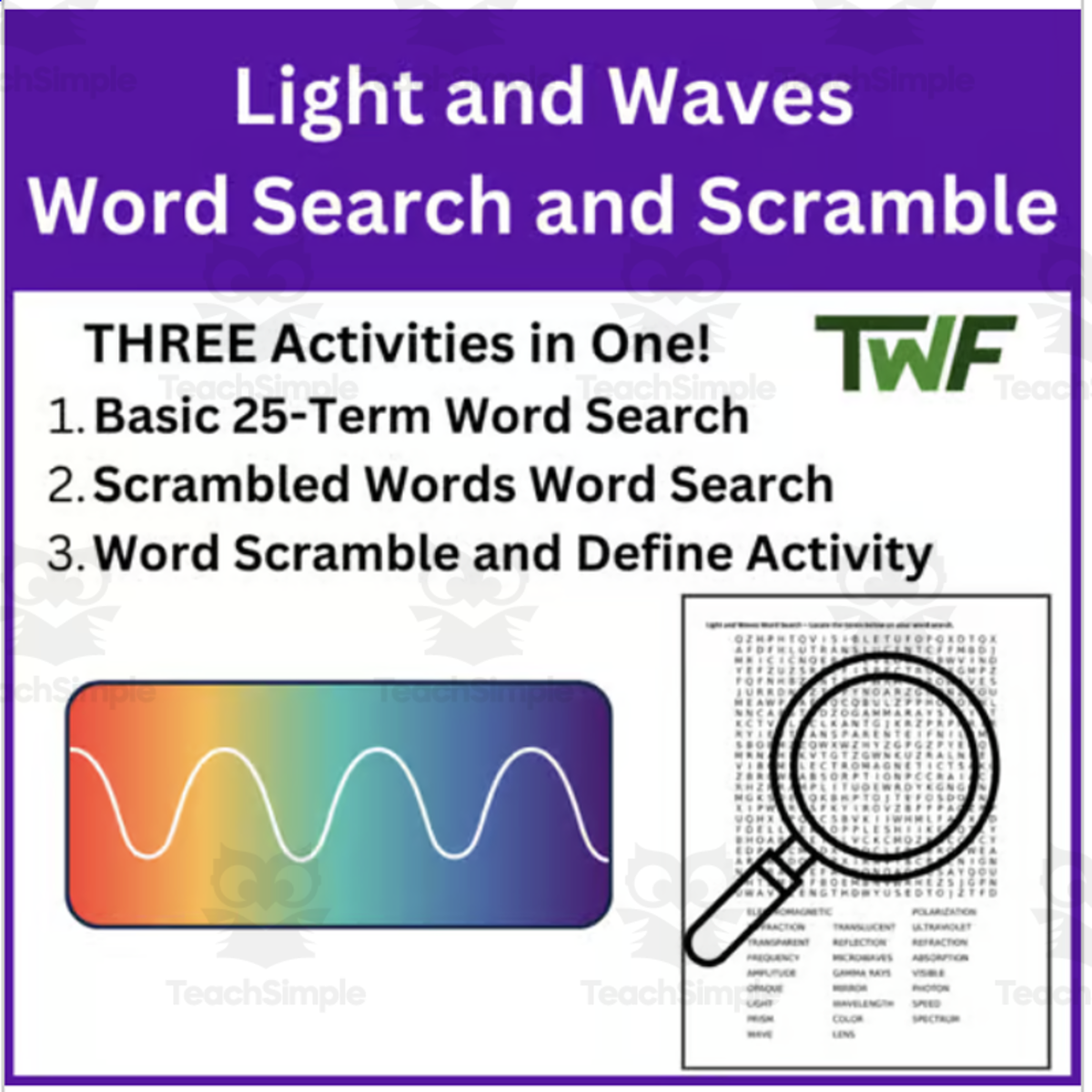 An educational teaching resource from Teach With Fergy entitled Light and Optics Word Search and Scramble Activity downloadable at Teach Simple.