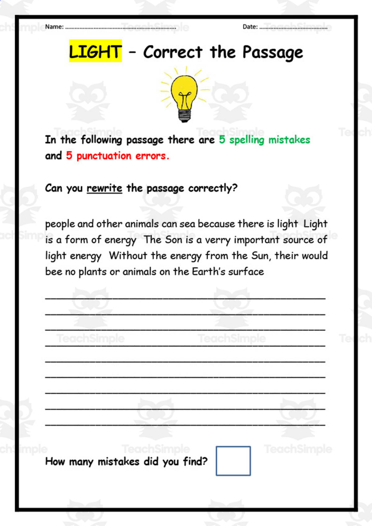 An educational teaching resource from Elementary Resources 4 U entitled "Light" Correct the Passage Worksheet downloadable at Teach Simple.