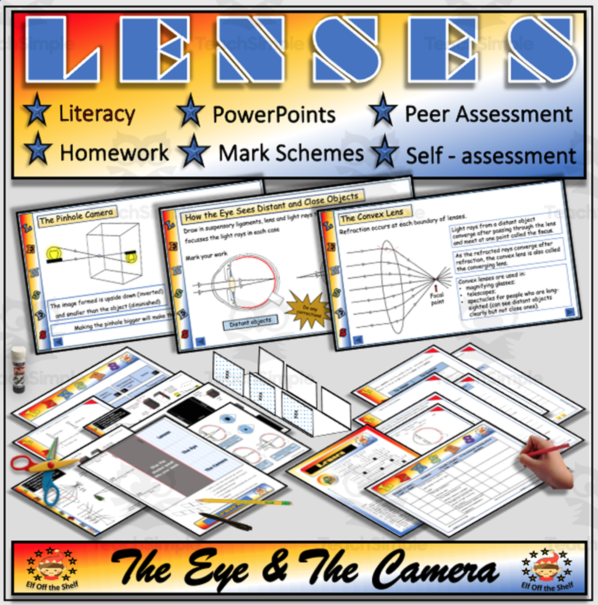 An educational teaching resource from Elf off the Shelf Resources entitled Light - Lenses, The Eye, The Pinhole Camera and The Camera Fully Resourced Lesson for Middle School downloadable at Teach Simple.