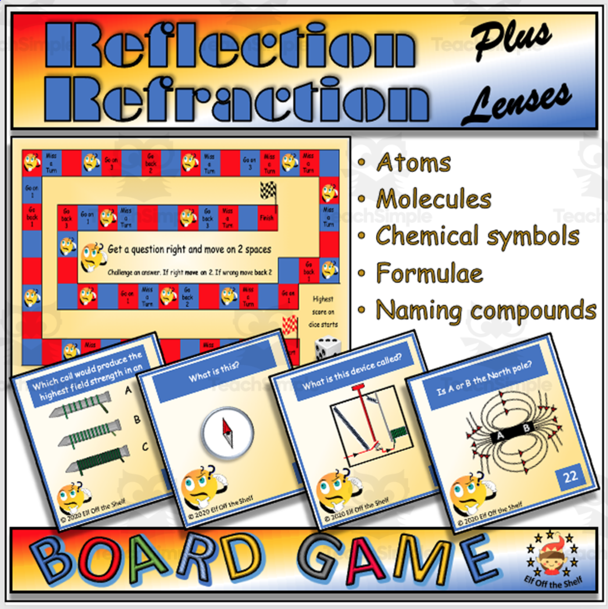 An educational teaching resource from Elf off the Shelf Resources entitled Light- Reflection, Refraction and Lenses Board Game fir Middle School downloadable at Teach Simple.