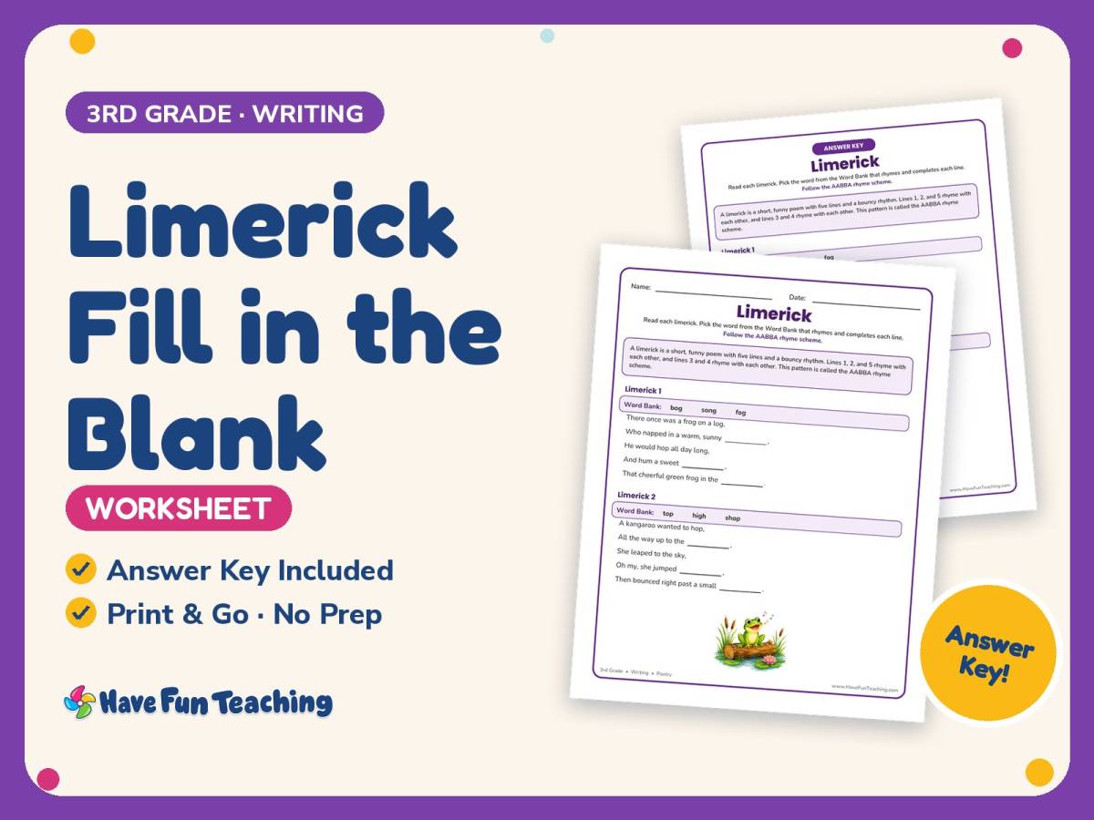 Limerick Fill in the Blank Worksheet – 3rd Grade Poetry Practice preview