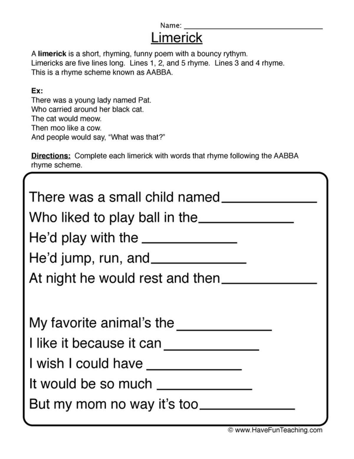 An educational teaching resource from Have Fun Teaching entitled Limerick Fill in the Blank Worksheet downloadable at Teach Simple.
