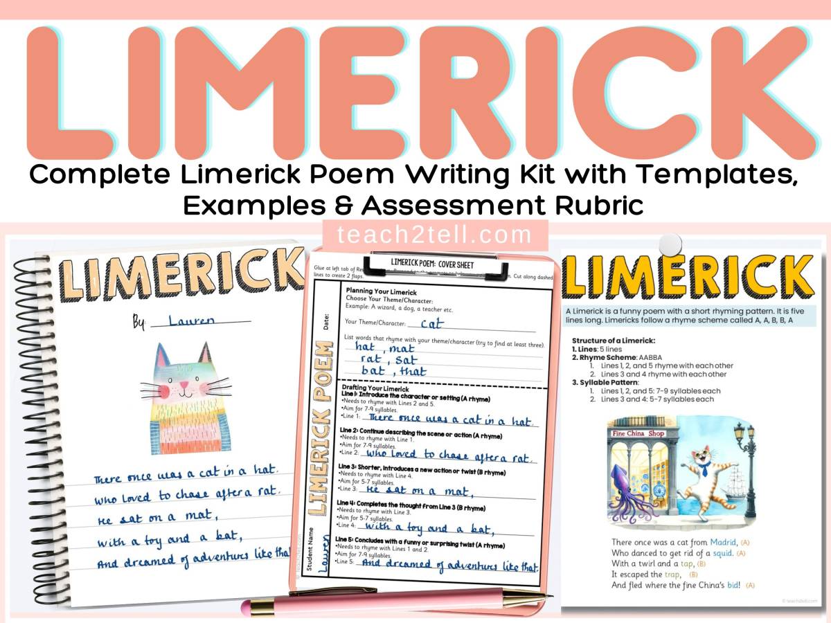 An educational teaching resource from Teach2Tell entitled Limerick Poem Lesson Plan, Template, Examples & Rubric Poetry Writing downloadable at Teach Simple.