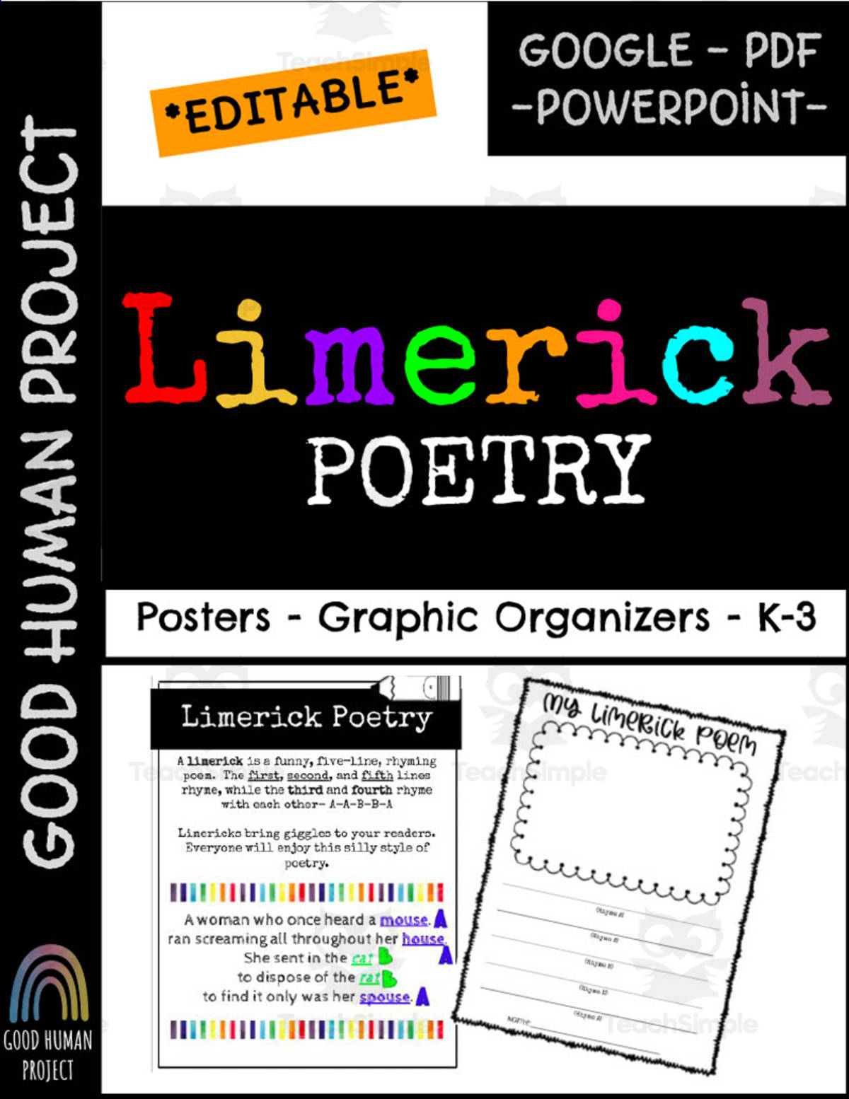 An educational teaching resource from Good Human Project entitled Limerick Poetry – Posters & Graphic Organizers downloadable at Teach Simple.