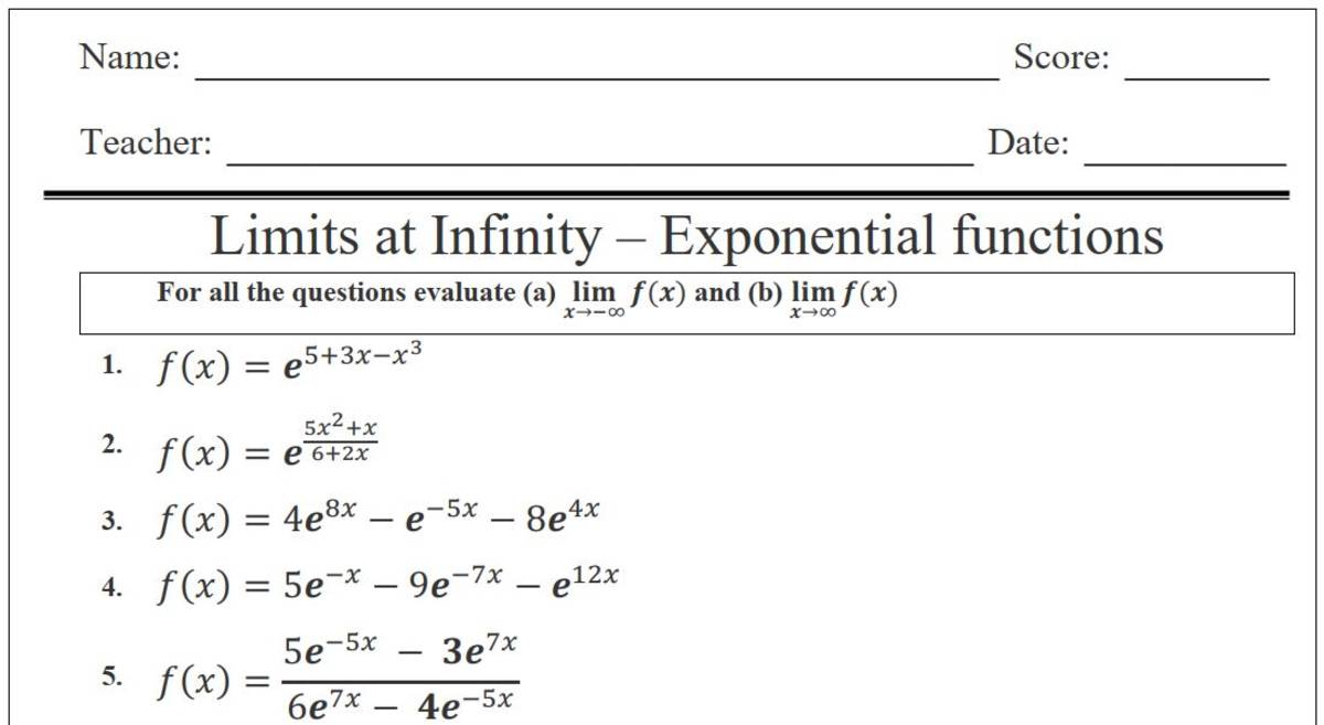 An educational teaching resource from Maths Support Centre entitled Limits at Infinity – Exponential Functions Worksheet downloadable at Teach Simple.