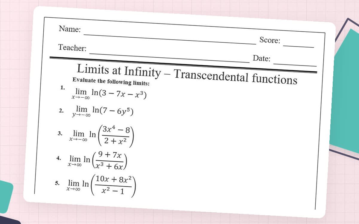 An educational teaching resource from Maths Support Centre entitled Limits at infinity - transcendental functions - Worksheet downloadable at Teach Simple.