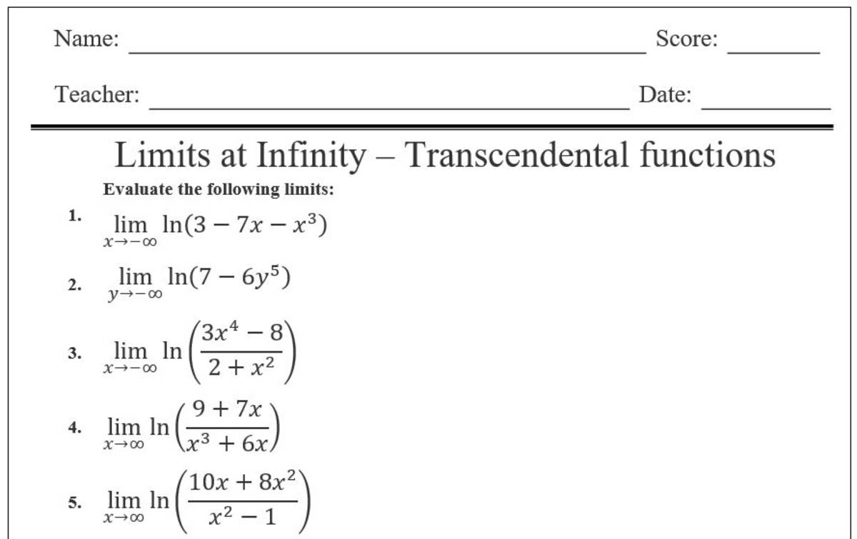 An educational teaching resource from Maths Support Centre entitled Limits at infinity - transcendental functions - Worksheet downloadable at Teach Simple.