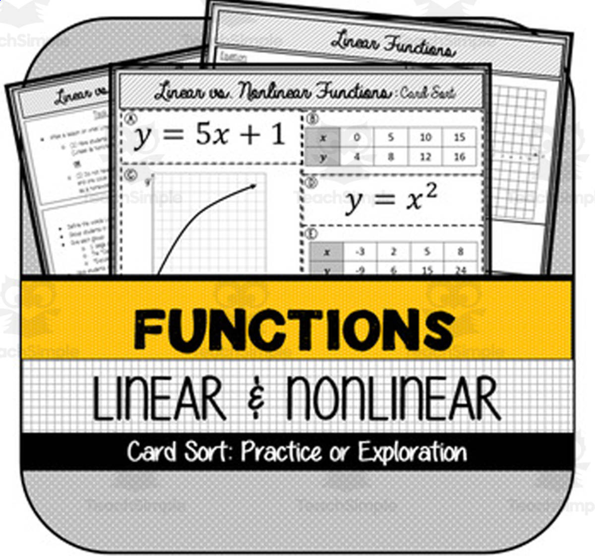 An educational teaching resource from The Math Cafe entitled Linear and Nonlinear Functions CARD SORT downloadable at Teach Simple.