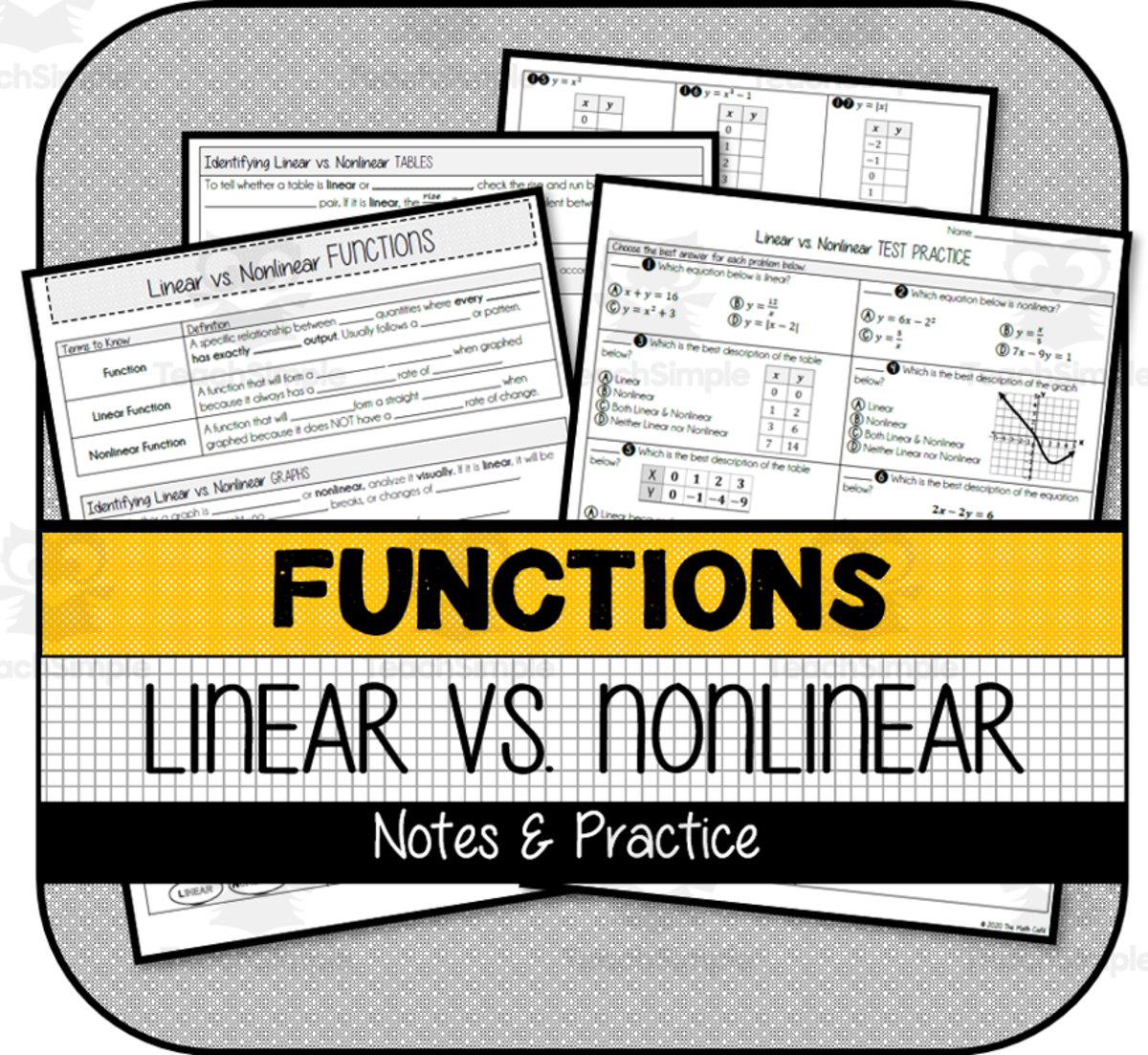An educational teaching resource from The Math Cafe entitled Linear & Nonlinear Functions NOTES & PRACTICE downloadable at Teach Simple.
